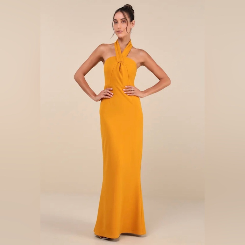 Elegant Mustard Halter Neck Gown